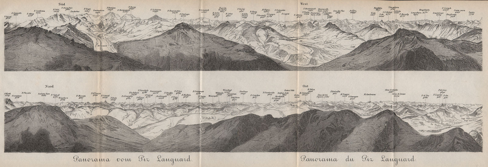 PIZ LANGUARD PANORAMA. Bernina Roseg Monte Rosa Mont Blanc Cristallo 1889 map